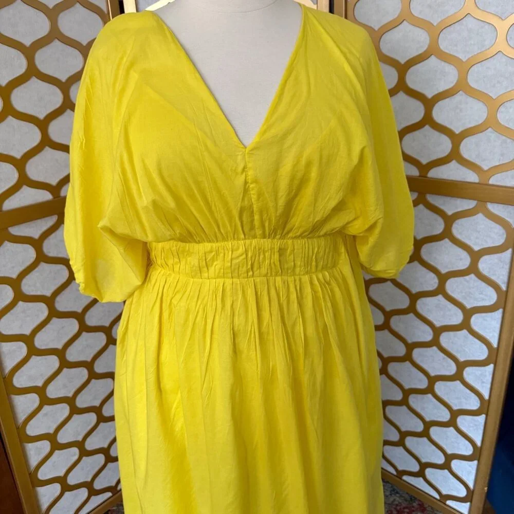 Banana Republic Size XL Yellow Lemon Candy Voile Elbow Sleeve V-Neck Midi Dress - Picture 10 of 16